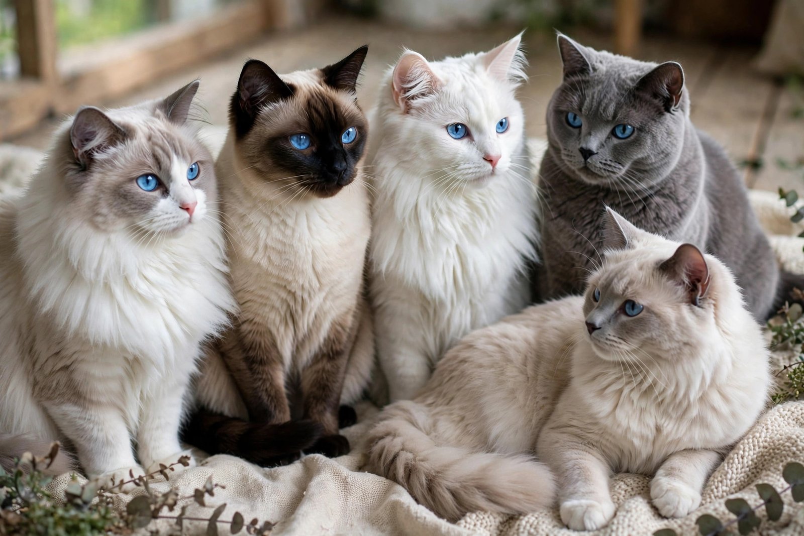 Different cats with blue eyes sitting together