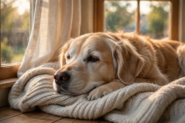 Senior grey-muzzled dog resting on a blanket by a window