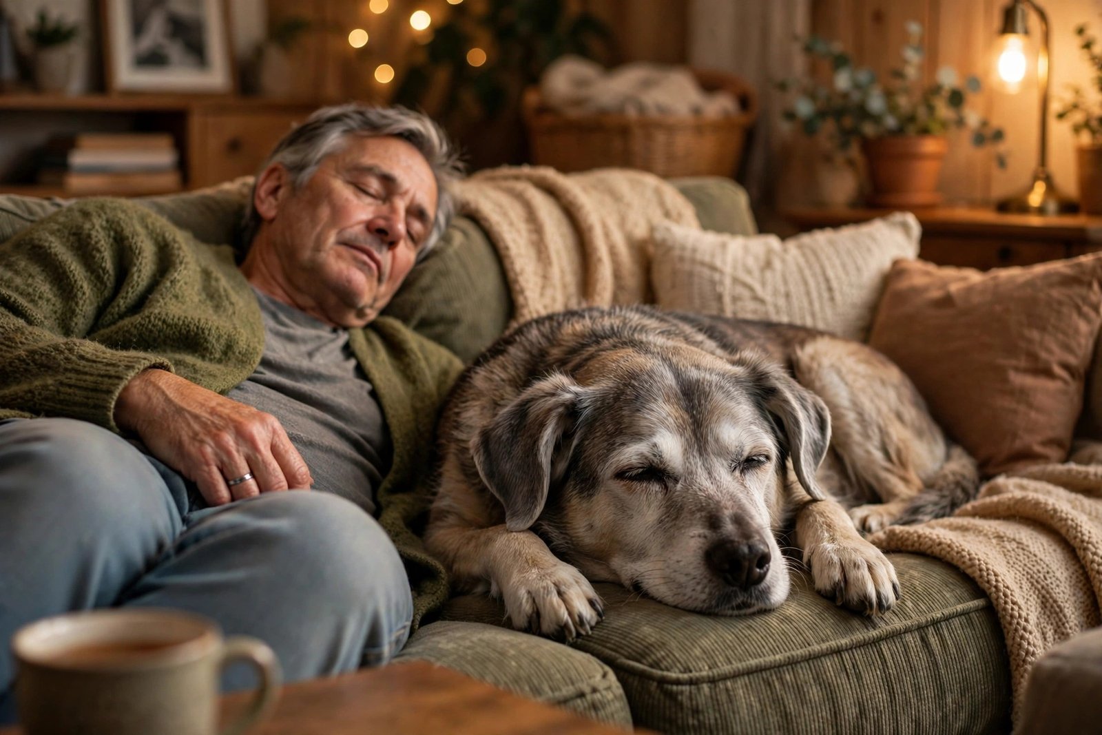 Senior dog care at home with a dog resting on a couch