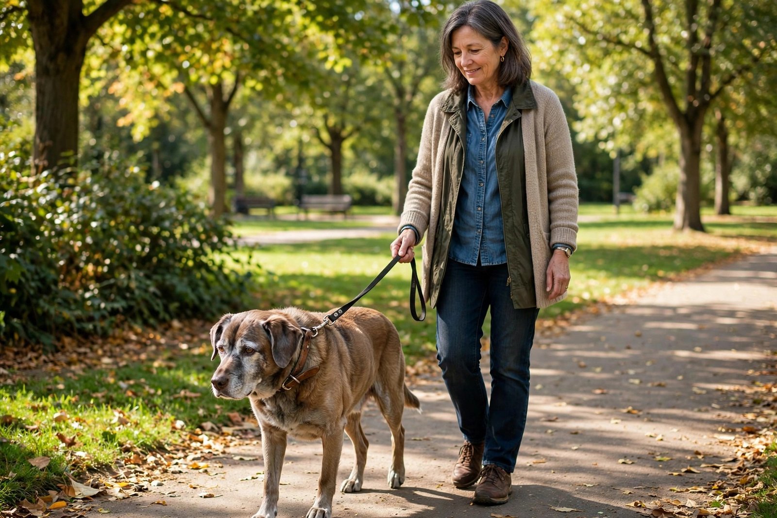 Senior grey-muzzled dog walking slowly on a leash in a park